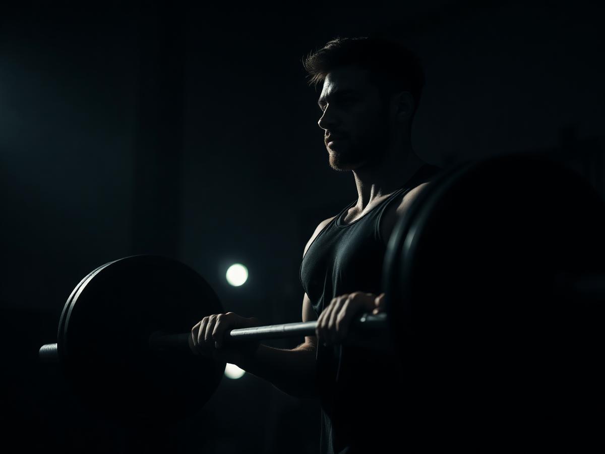 Athlete lifting a barbell in a dimly lit gym